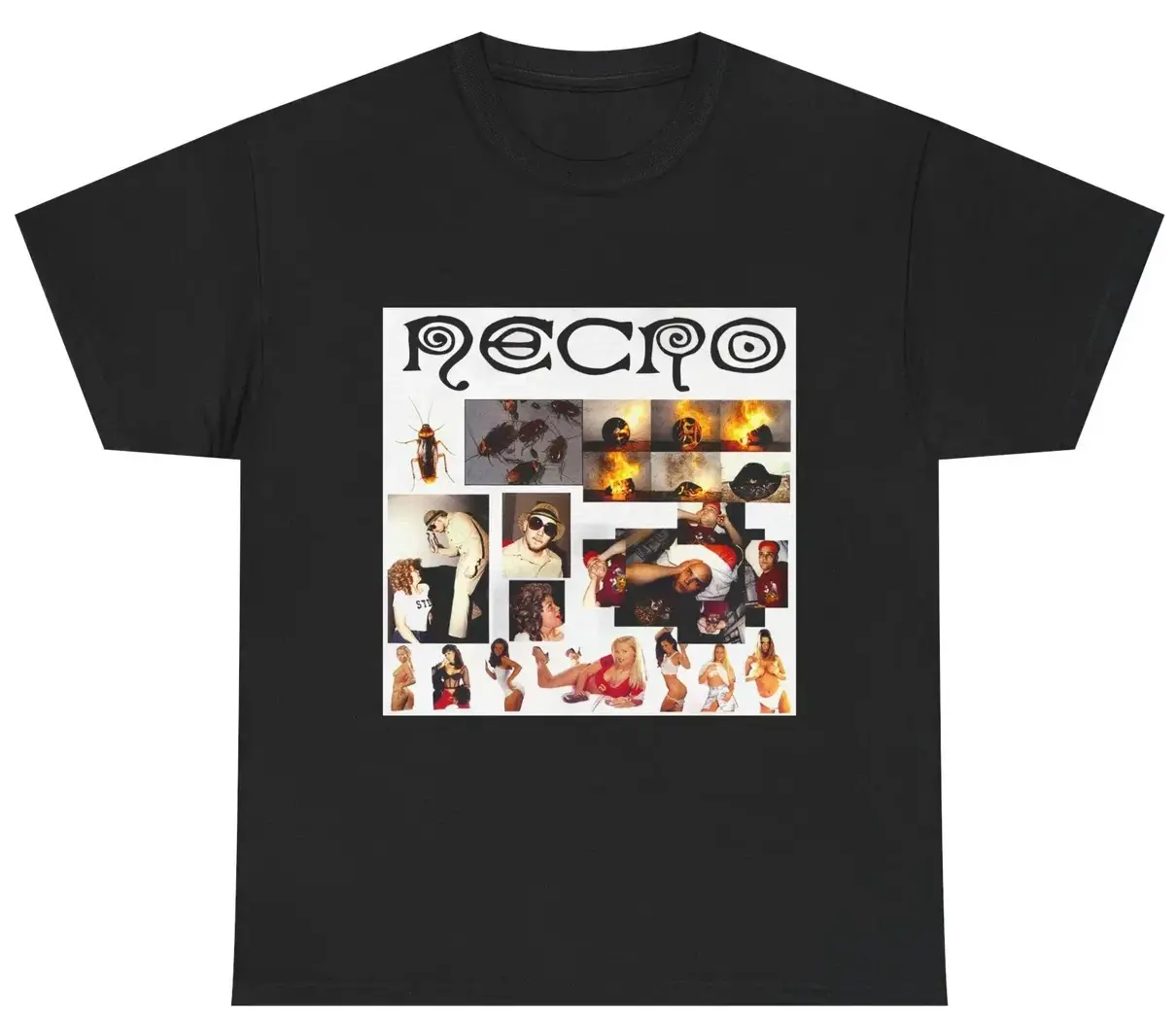 Necro - Cockroaches EP OG Cover - Heavy Cotton Tee - Gilden 5000 - Black/White NECRO SUPER STORE