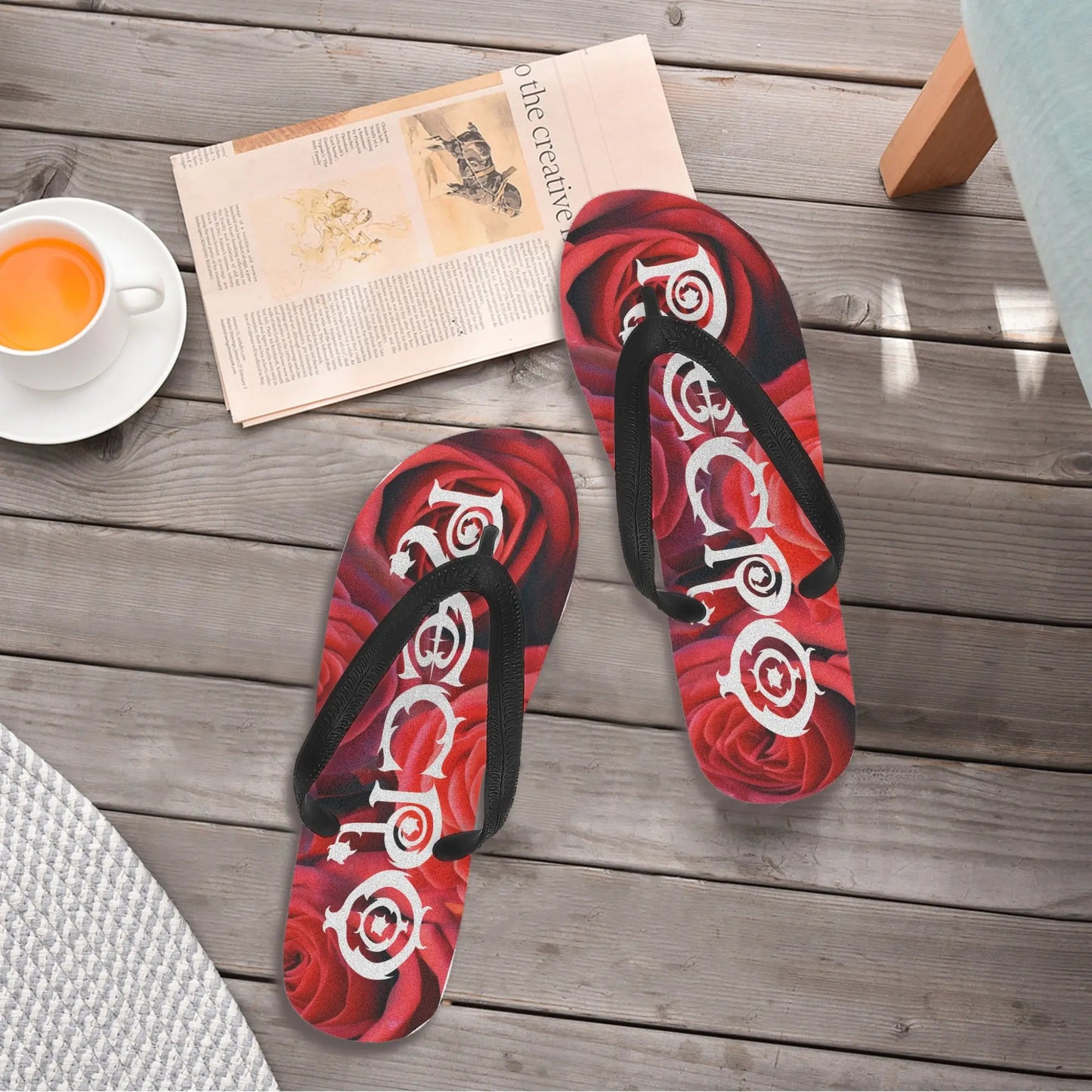 Necro - White Gothic Logo with Roses - Womens Flip Flops NECRO SUPER STORE