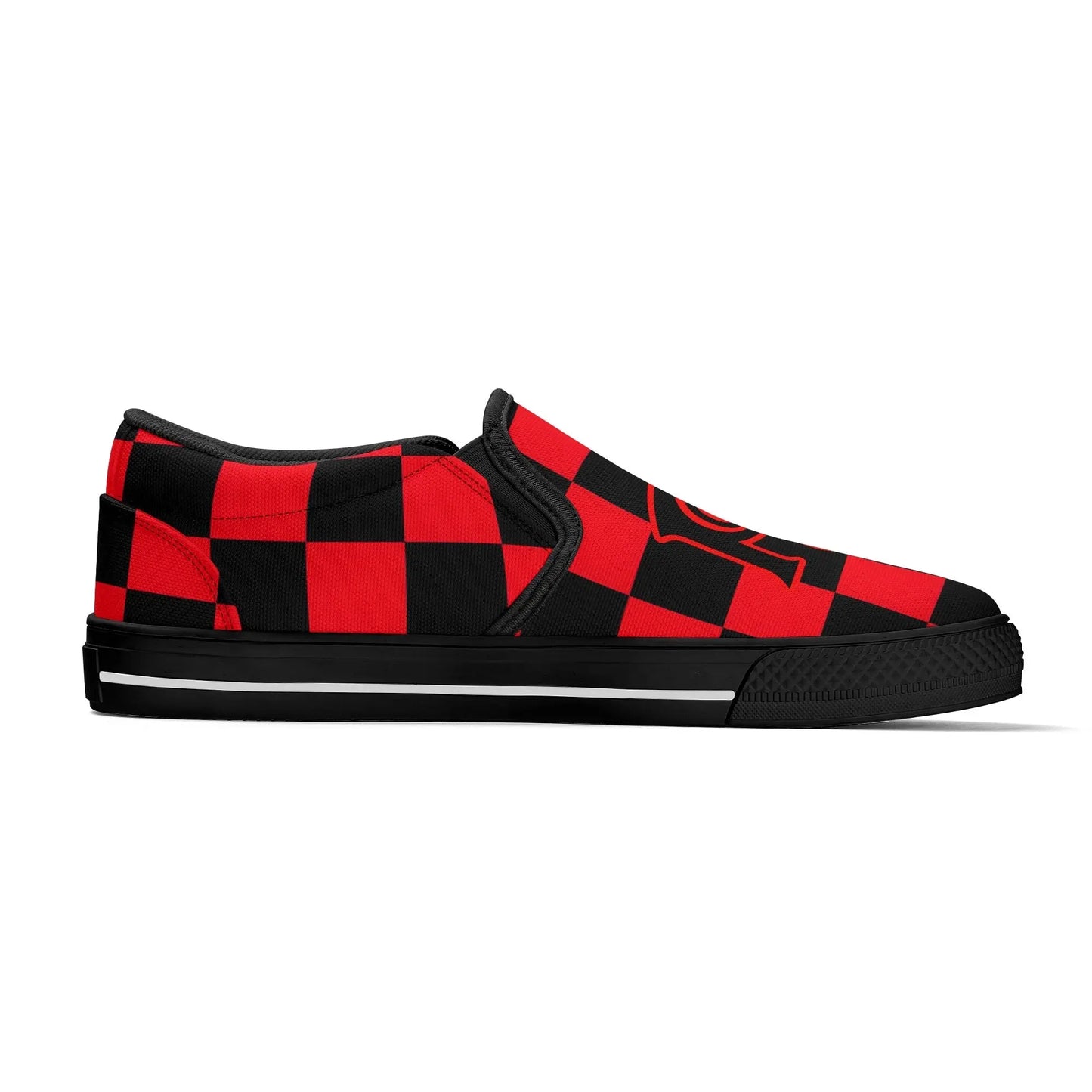 Necro - Black/Red Checkerboard - OG N Symbol - Rubber Slip On Shoes popcustoms