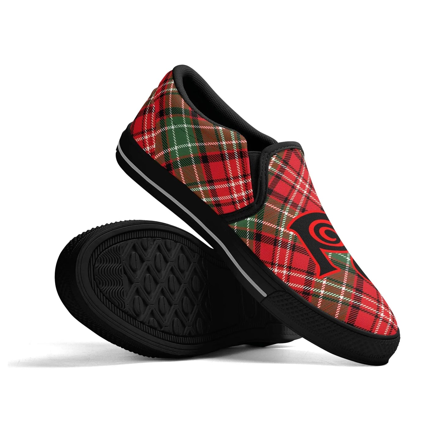 Necro - Plaid Christmas Colors - OG N Symbol - Rubber Slip On Shoes popcustoms