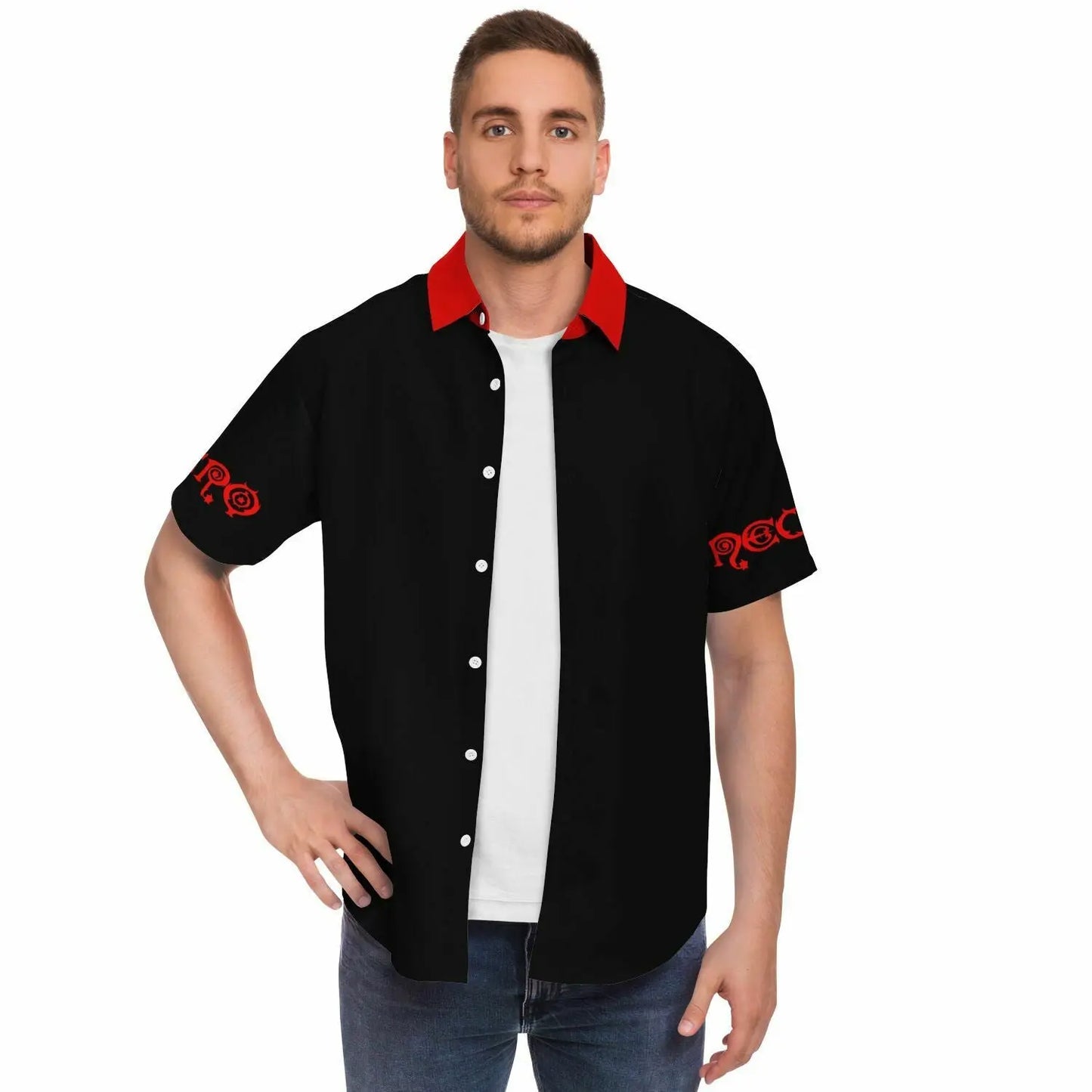 Necro - Black/Red Logo - Short Sleeve Button Down Shirt NECRO SUPER STORE