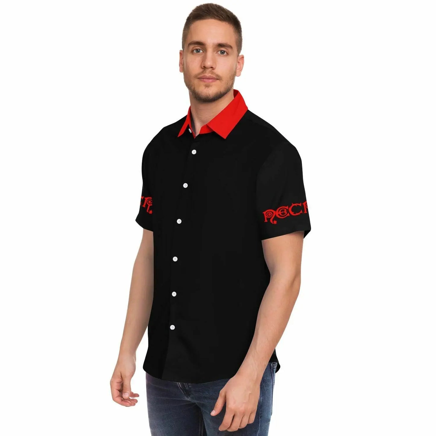 Necro - Black/Red Logo - Short Sleeve Button Down Shirt NECRO SUPER STORE
