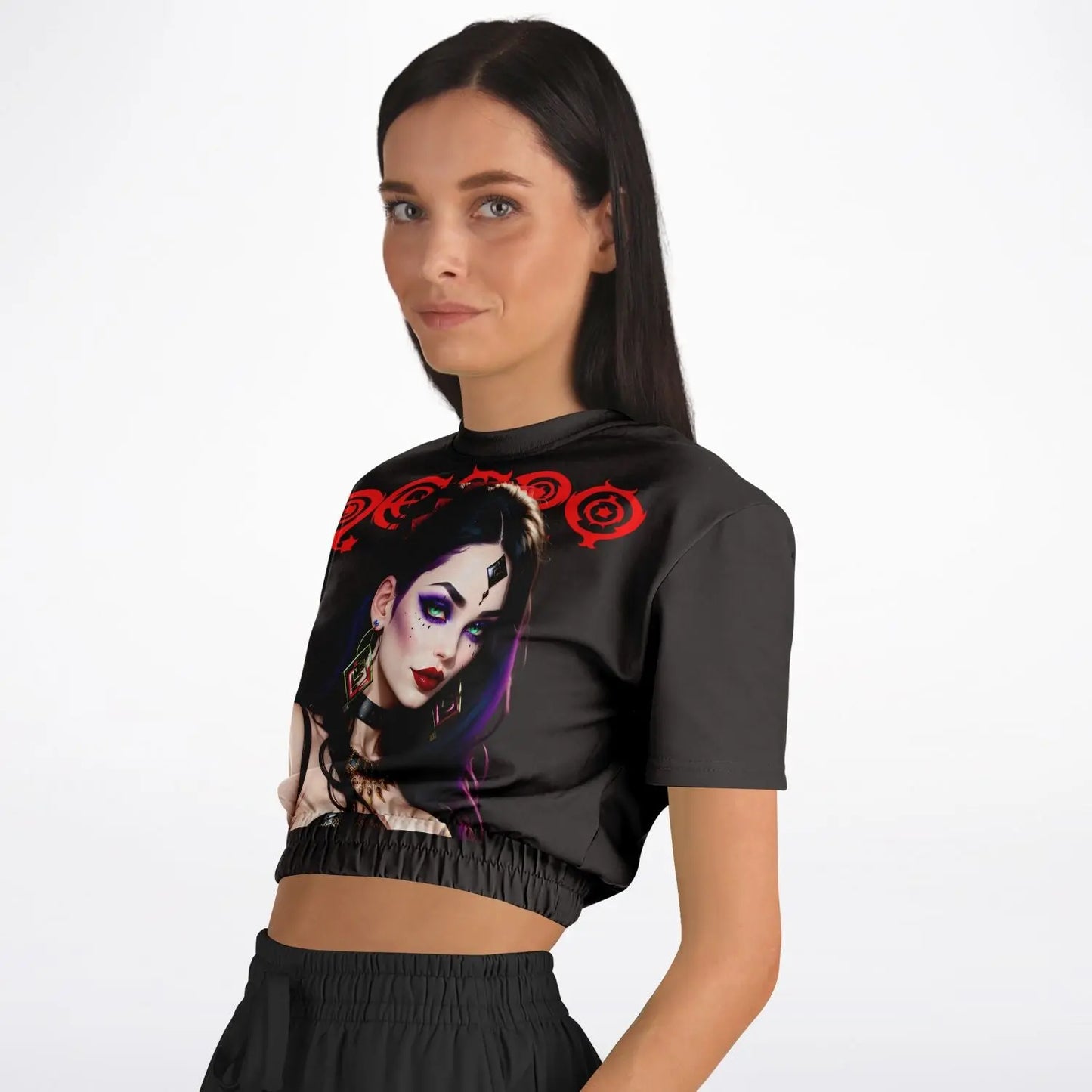 Necro - Red Logo - Evil Woman - Athletic Cropped Short Sleeve Sweatshirt NECRO SUPER STORE