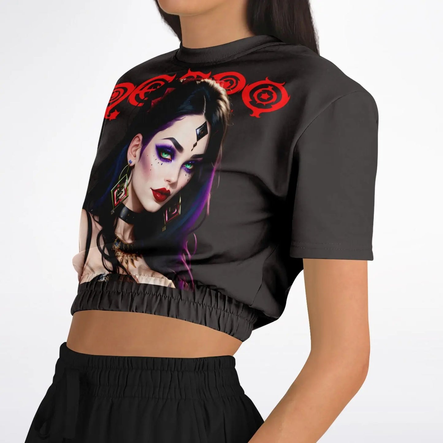 Necro - Red Logo - Evil Woman - Athletic Cropped Short Sleeve Sweatshirt NECRO SUPER STORE