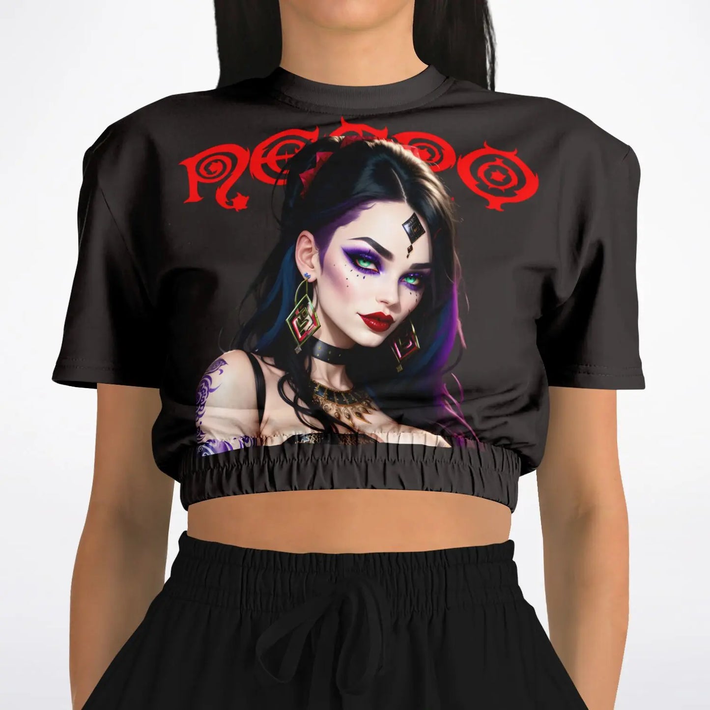 Necro - Red Logo - Evil Woman - Athletic Cropped Short Sleeve Sweatshirt NECRO SUPER STORE