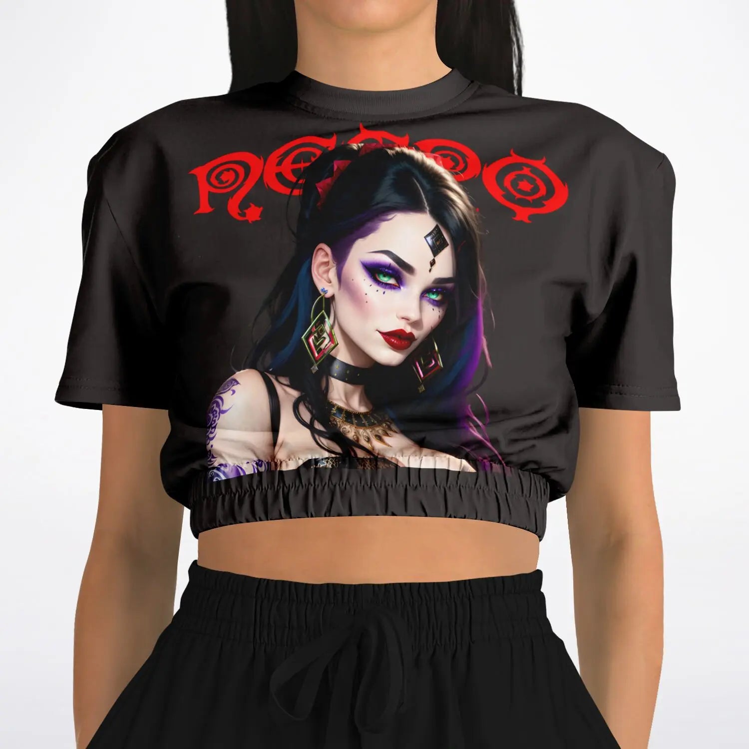 Necro - Red Logo - Evil Woman - Athletic Cropped Short Sleeve Sweatshirt NECRO SUPER STORE