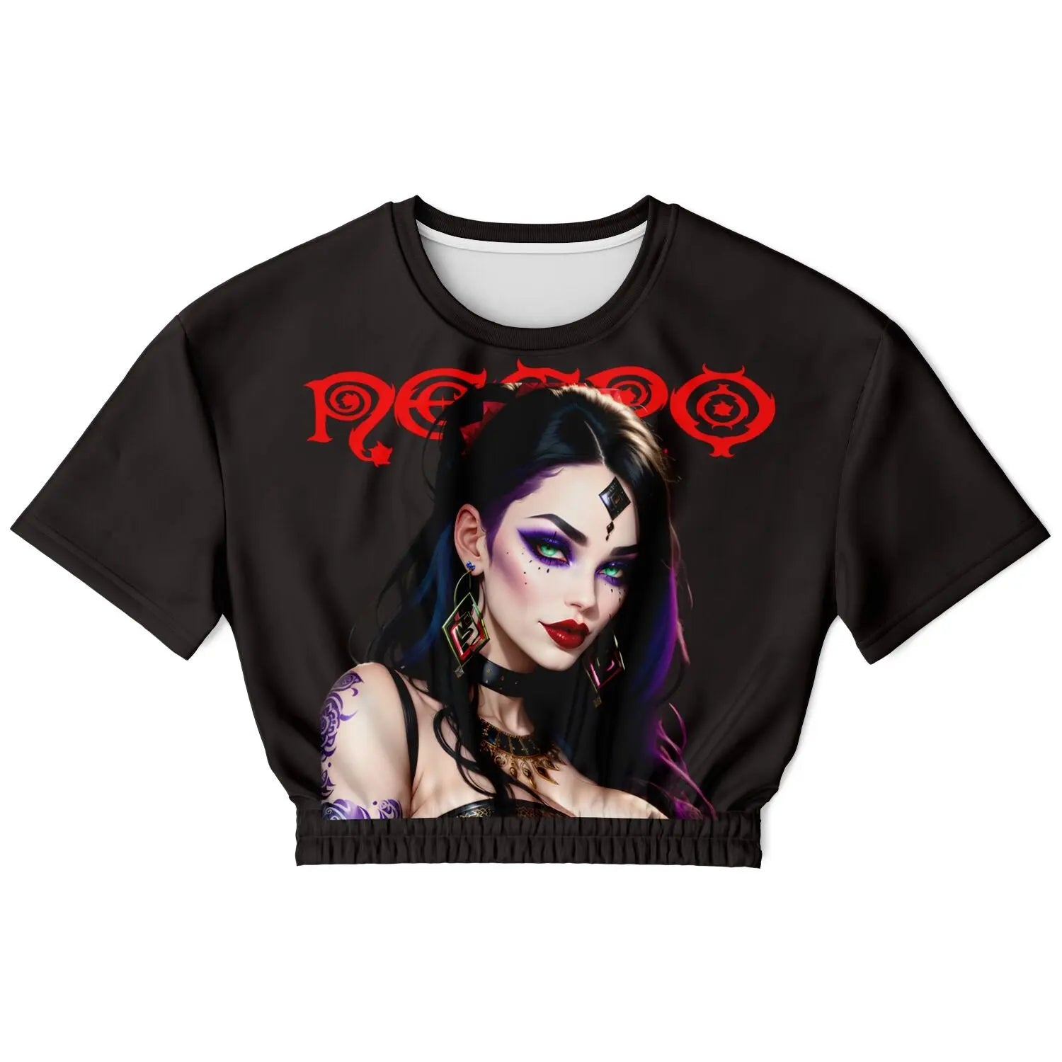 Necro - Red Logo - Evil Woman - Athletic Cropped Short Sleeve Sweatshirt NECRO SUPER STORE