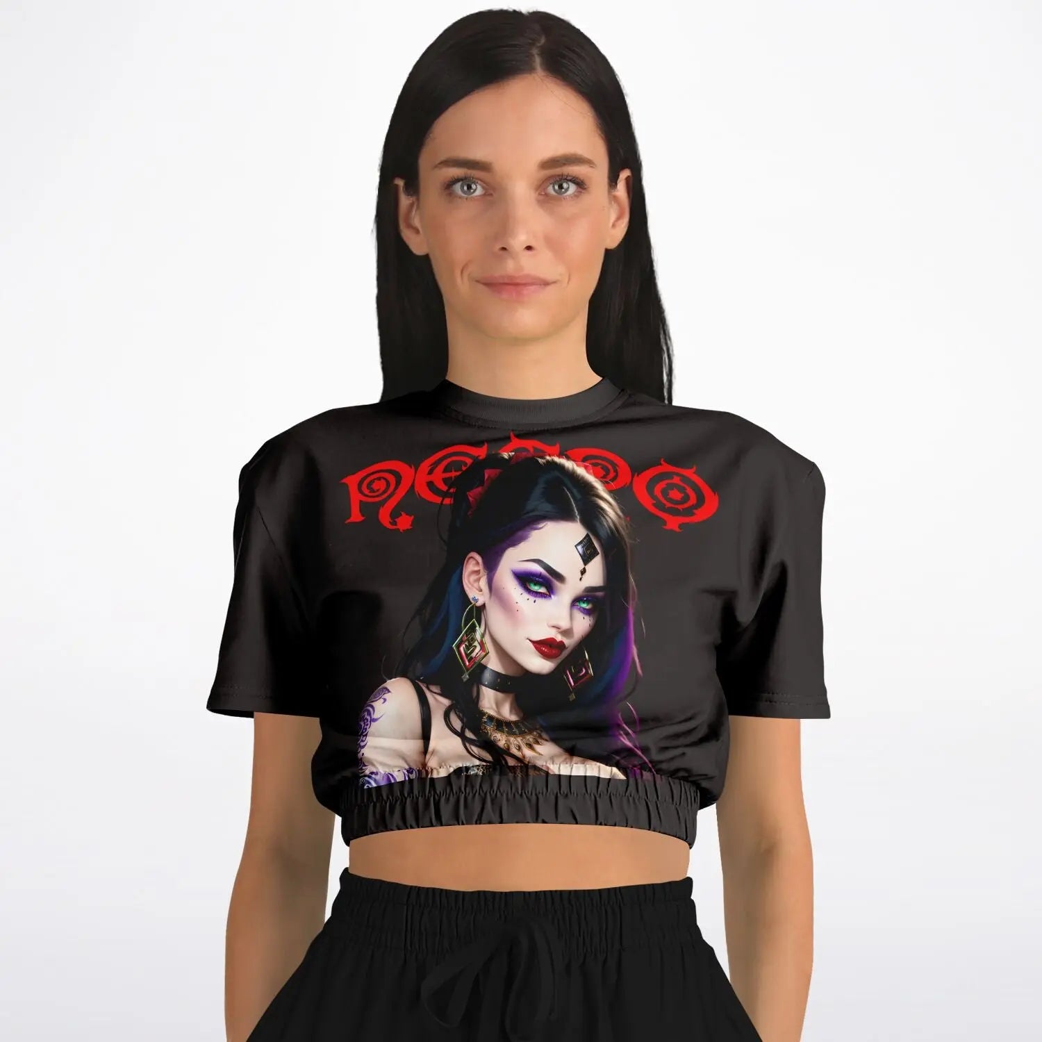 Necro - Red Logo - Evil Woman - Athletic Cropped Short Sleeve Sweatshirt NECRO SUPER STORE