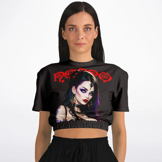 Necro - Red Logo - Evil Woman - Athletic Cropped Short Sleeve Sweatshirt NECRO SUPER STORE