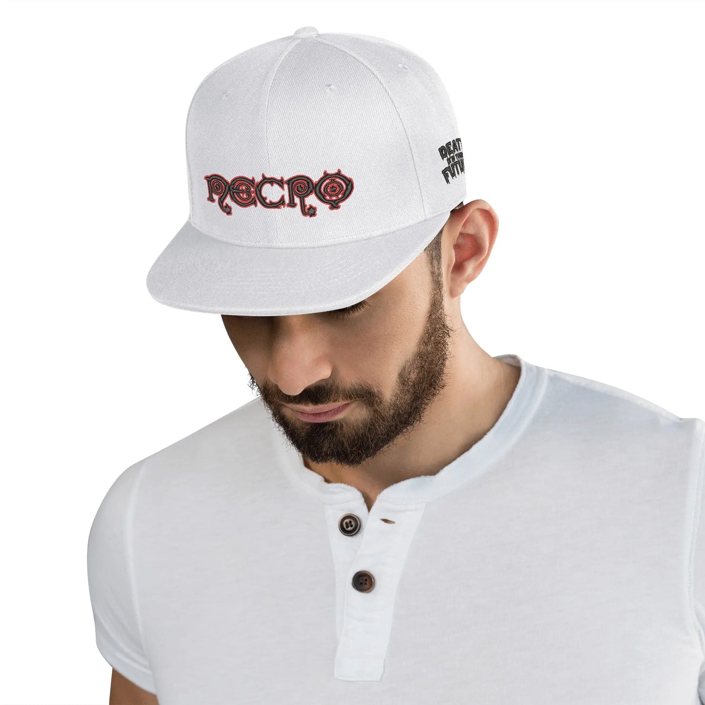 Necro - Red/Blk Gothic Logo on Wht - Four Sides Embroidered Hip-Hop Hat NECRO SUPER STORE