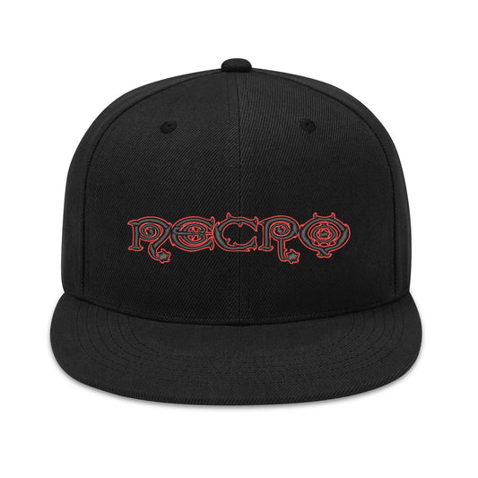 Necro - Red/Blk Gothic Logo on Blk - Four Sides Embroidered Hip-Hop Hat