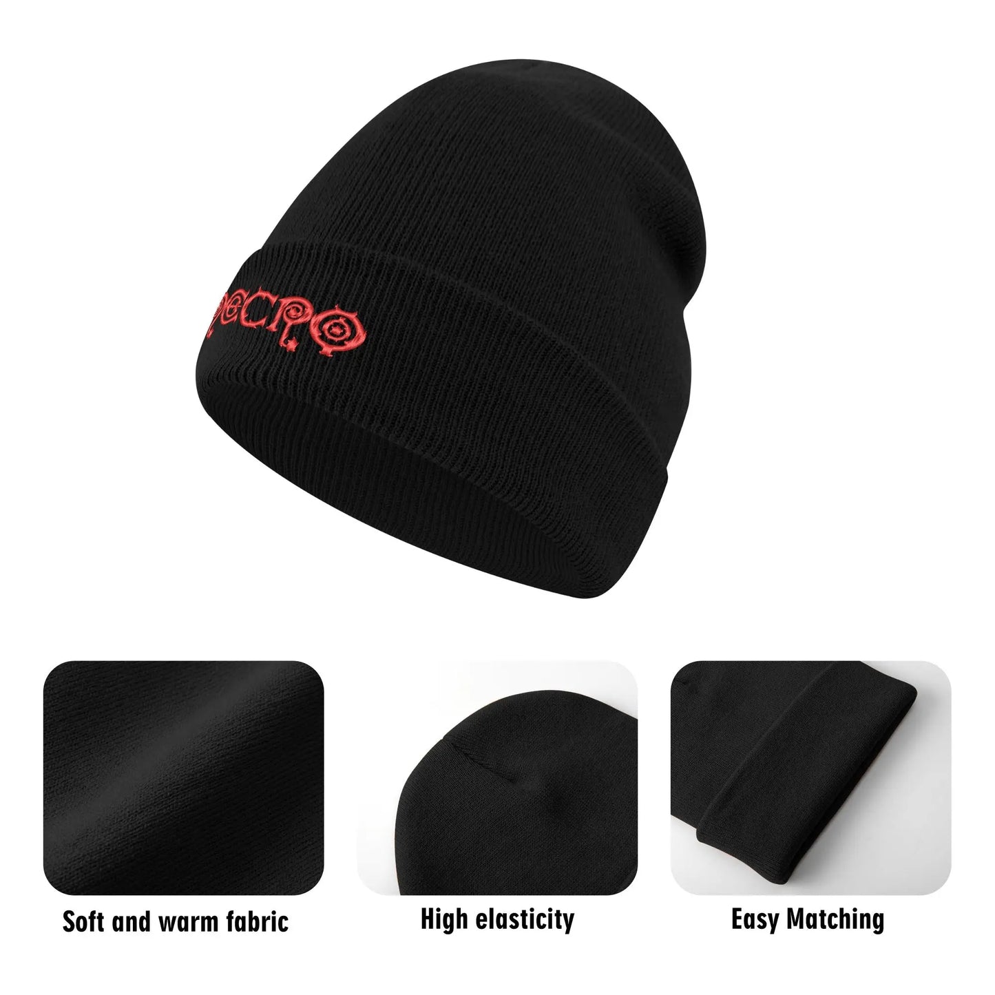 Necro - Red Gothic Logo - Embroidered Knitted Hat - NECRO SUPER STORE