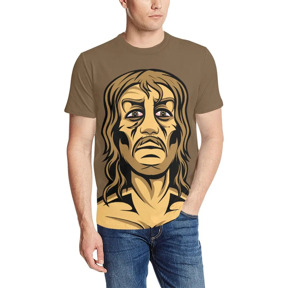 I Need Drugs - Howie Portrait - All Over Print T-shirt - Brown Inkedjoy