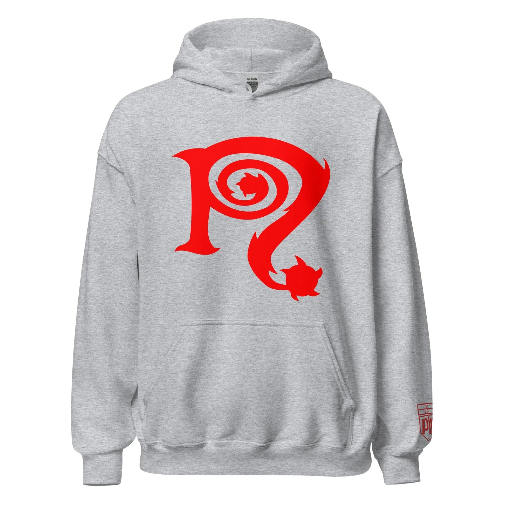 Red N Symbol/Heather Grey Hoodie - Gilden Heavyweight - Front & Back Prints w/ Embroidery On Arm NECRO SUPER STORE