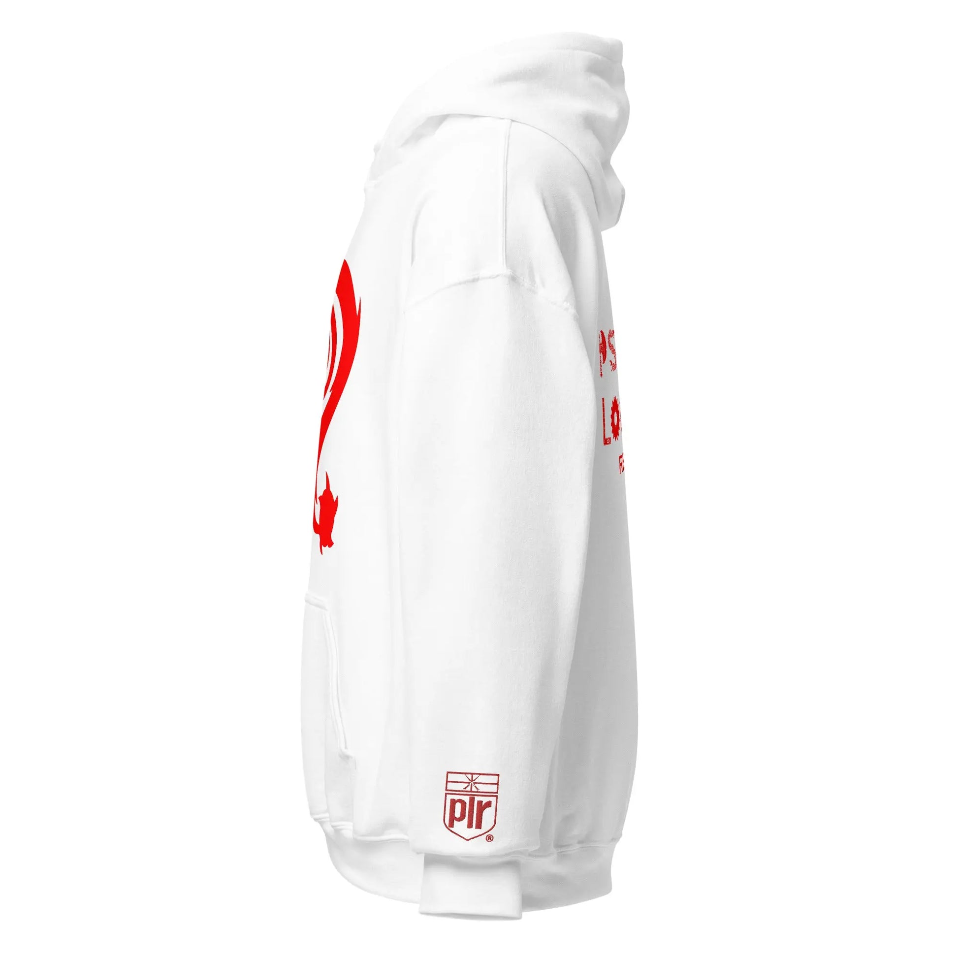 Necro - Red N Symbol/White - Hoodie - Gilden Heavyweight - Front & Back Prints w/ Embroidery On Arm NECRO SUPER STORE